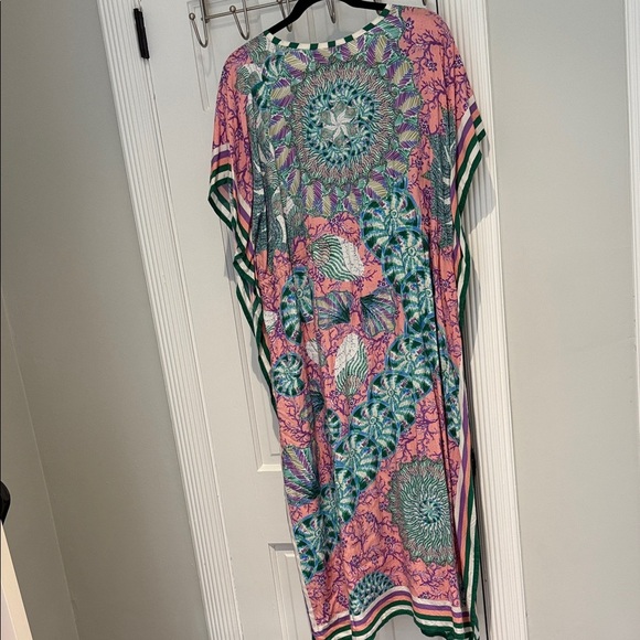 Anthropologie Caftan Scarf Maxi Dress Seashells Tie Waist Pink and Green Amazing - Picture 9 of 13
